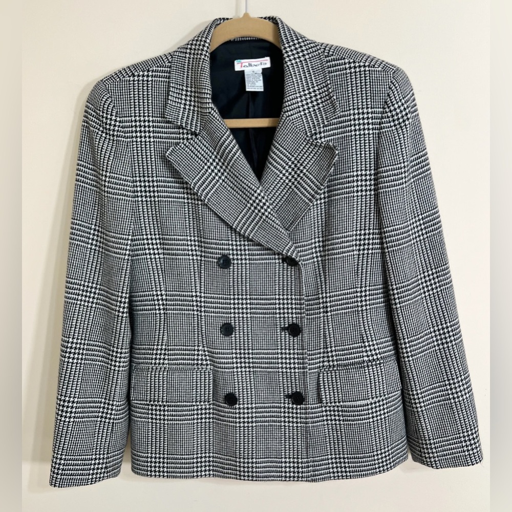TALBOTS Vintage Women's Wool Houndstooth Double Breasted Collared Blazer Size 6